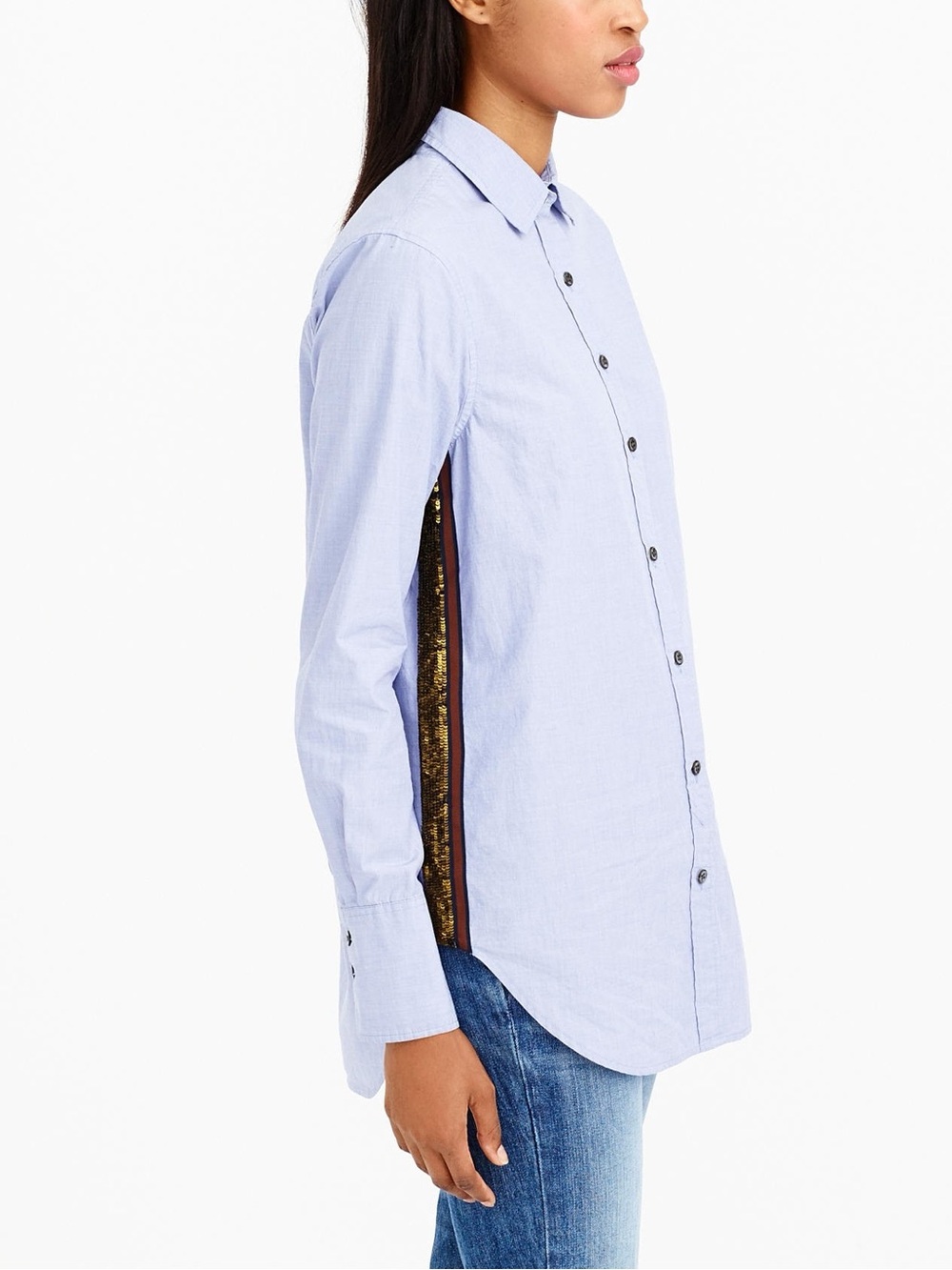 J.Crew Sequin Side Stripe Boyfriend Button-Up Shirt Blue Gold Cotton Oversized 8 - Picture 13 of 15